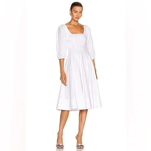 STAUD White Swell Dress Midi bustier corset Dress flowy cotton blend M - Picture 2 of 13